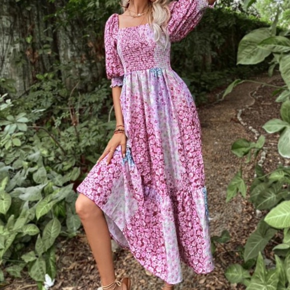 Boho floral print puff sleeve ruffle hem maxi dress - Picture 3 of 5